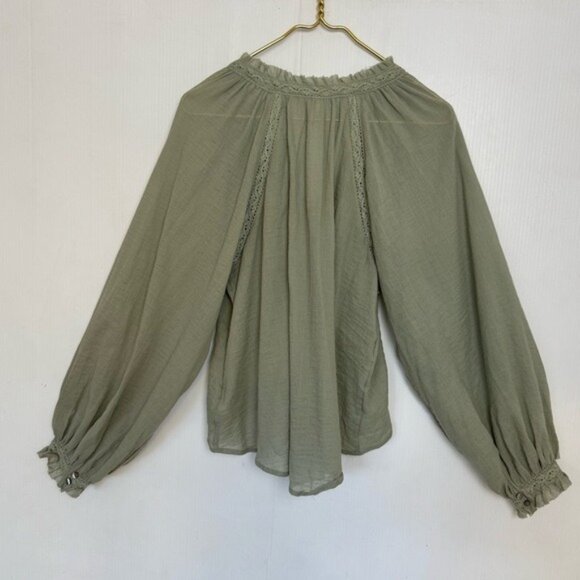 Free People Sivan Embroidered Top Green Puff Sleeve Blouse with Ruffled Small - Picture 3 of 16
